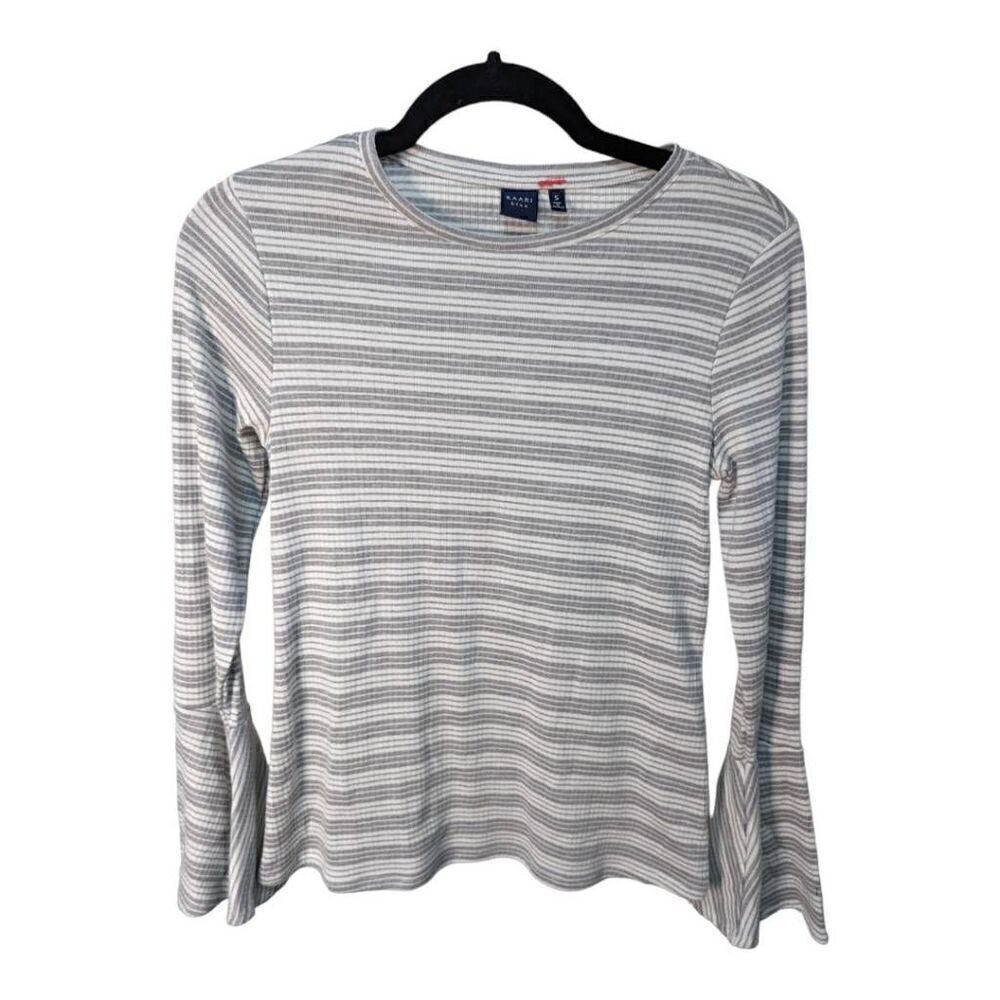 Kaari Blue Grey and White Blouse with Bell Long Sleeves Women's Size Small
